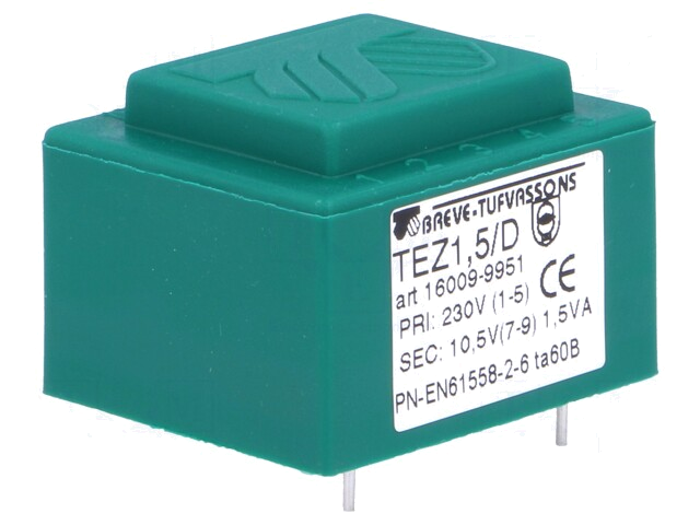 Transformator: ingegoten; 1,5VA; 230VAC; 10,5V; 142,8mA; PCB; IP00 Transformator: ingegoten; 1,5VA; 230VAC; 10,5V; 142,8mA; PCB; IP00
